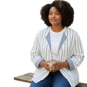 Chico’s Stripe Linen Open Front Blazer Frayed Edge No Collar Jacket  Size 12